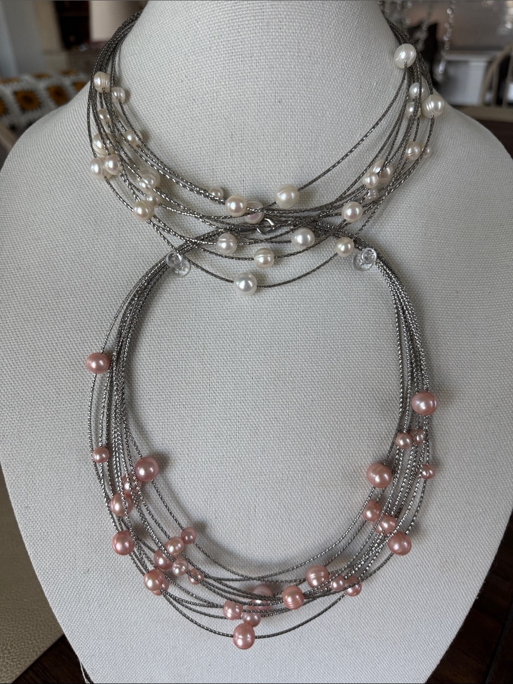 VTG Honora QVC Floating Pearl Multi-Strand Cable Necklace Bundle - White & Pink